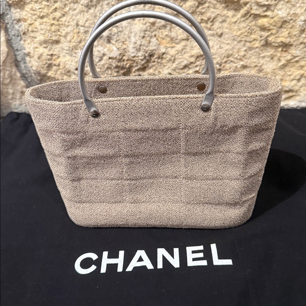 CHANEL Taupe Mini Tote with Brushed Silver Handles